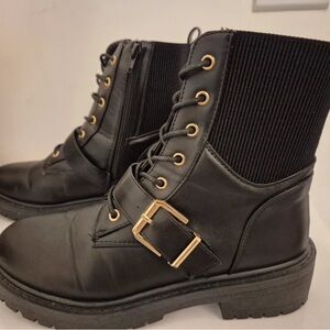 New Look Black Combat Boots with Gold Buckle